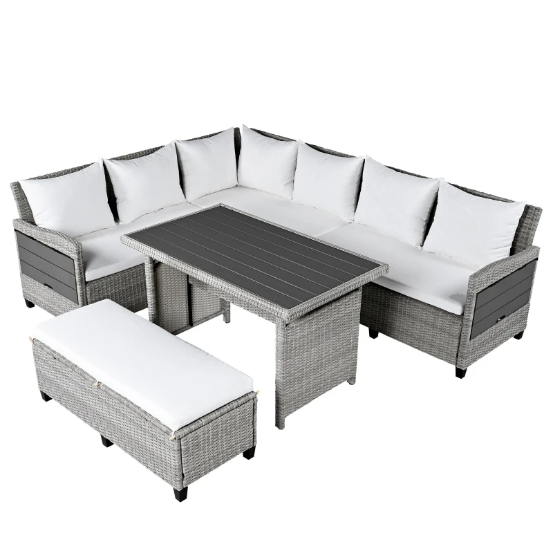 5-Piece Rattan Patio Sofa with Extendable Side Table & Dining Table, All-Weather Wicker Sectional for Garden, 47" L x 27.5" W x 27.5" H, White