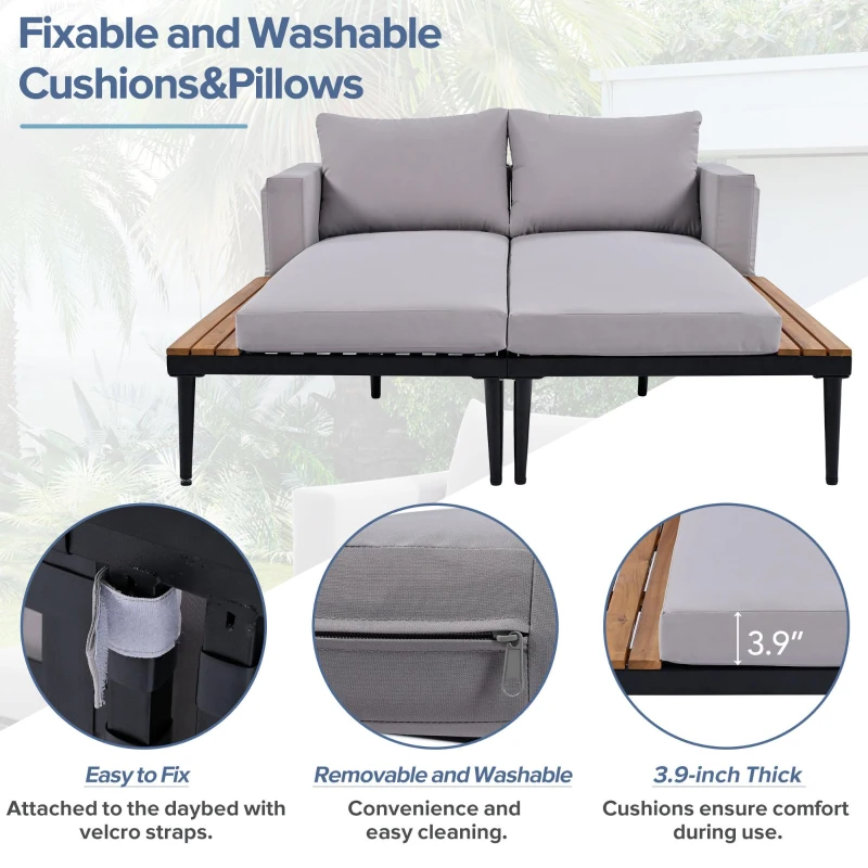 2 In 1 Outdoor Daybed with Wood Side Table for Patio, Convertible Padded Chaise Lounge with Adjustable Leg, 59" L x 55" W x 21" H, Gray