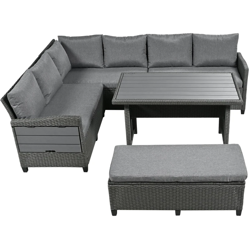 5-Piece Rattan Patio Sofa with Extendable Side Table & Dining Table, All-Weather Wicker Sectional for Garden, 47" L x 27.5" W x 27.5" H, Gray