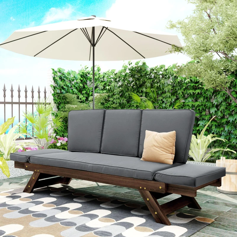Expandable Acacia Wood Daybed with Cushions, Adjustable Patio Chaise Lounge for Compact Space, 78.5" L x 21.5" W x 32" H, Gray