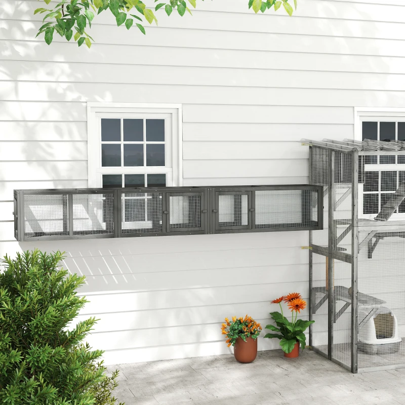 PawHut Cat Tunnel, Outdoor Cat Enclosure with Combinable Design, 8 Doors, 98" Kitty Toys for House, Window, Cage, Dark Grey