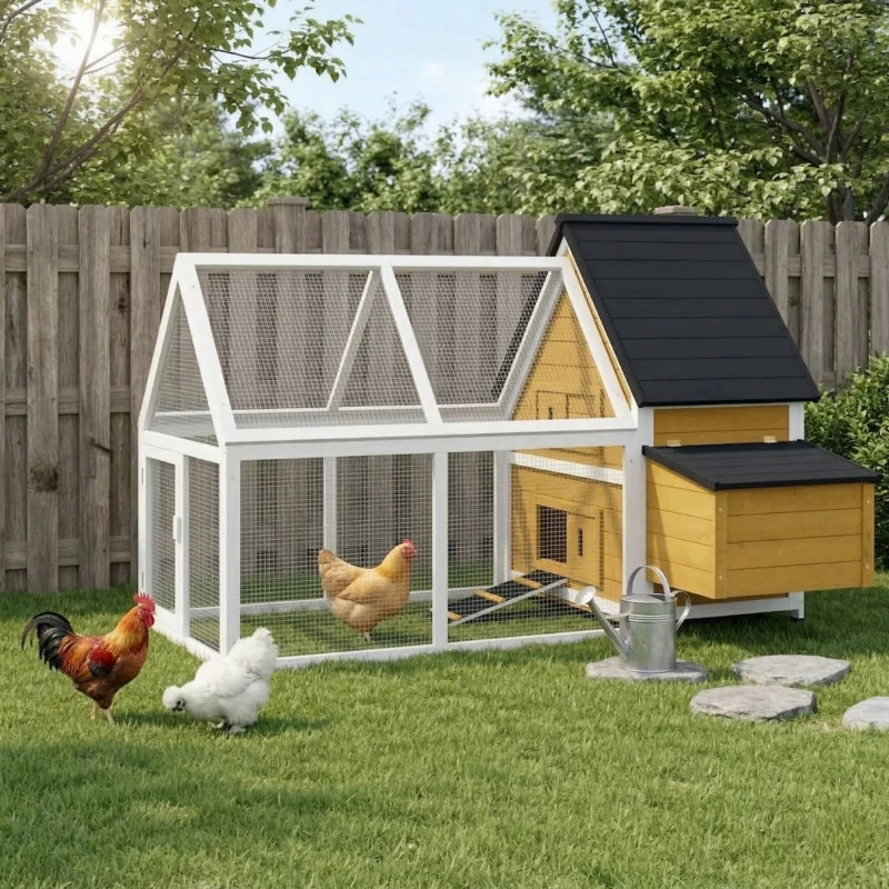 PawHut 65" Chicken Coop Wooden Chicken House Rabbit Hutch Poultry Cage Hen Pen Backyard with Nesting Box, Ramp, Run, Yellow