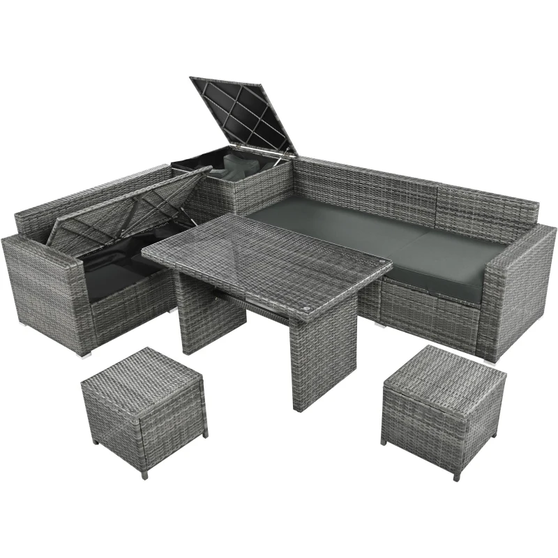 6-Piece Patio Rattan Set with Adjustable Lounger & Storage Box, All-Weather Wicker Furniture for Garden, 75.5" L x 27.5" W x 28.5" H, Grey