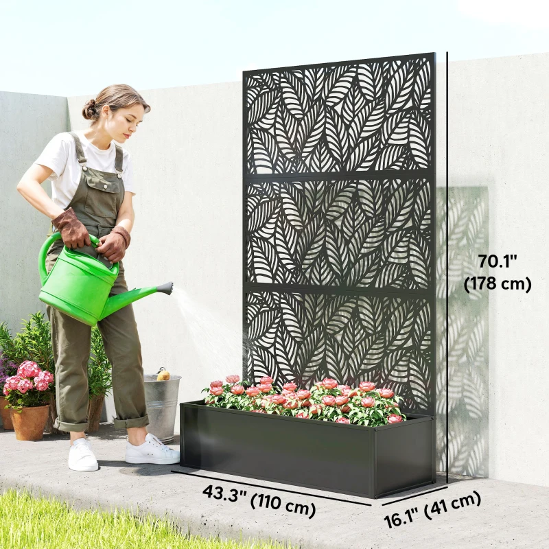 Outsunny Metal Planter Box with Trellis, 70" Raised Garden Bed with Trellis Privacy Screen for Climbing Plants, Leaves Cut-Out