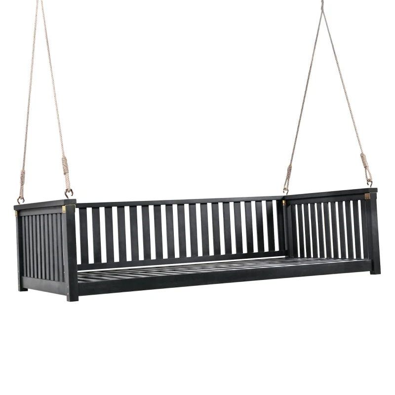 Twin Size Acacia Wood Porch Swing with Ropes for Patio & Garden, Hanging Swing Bed with Sloped Design, 79'' L x 41.5'' W x 21'' H, Black