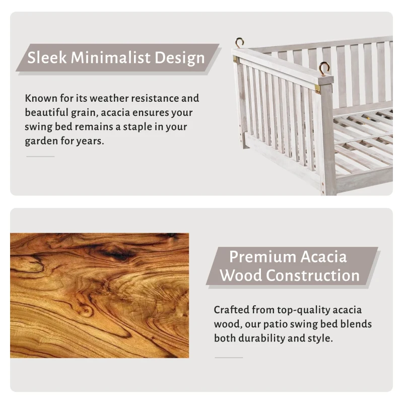 Minimalist Swing Bed with Safe Sloped Design for Backyard, Wooden Porch Swing with High Weight Capacity, 79" L x 41.5" W x 21" H, White