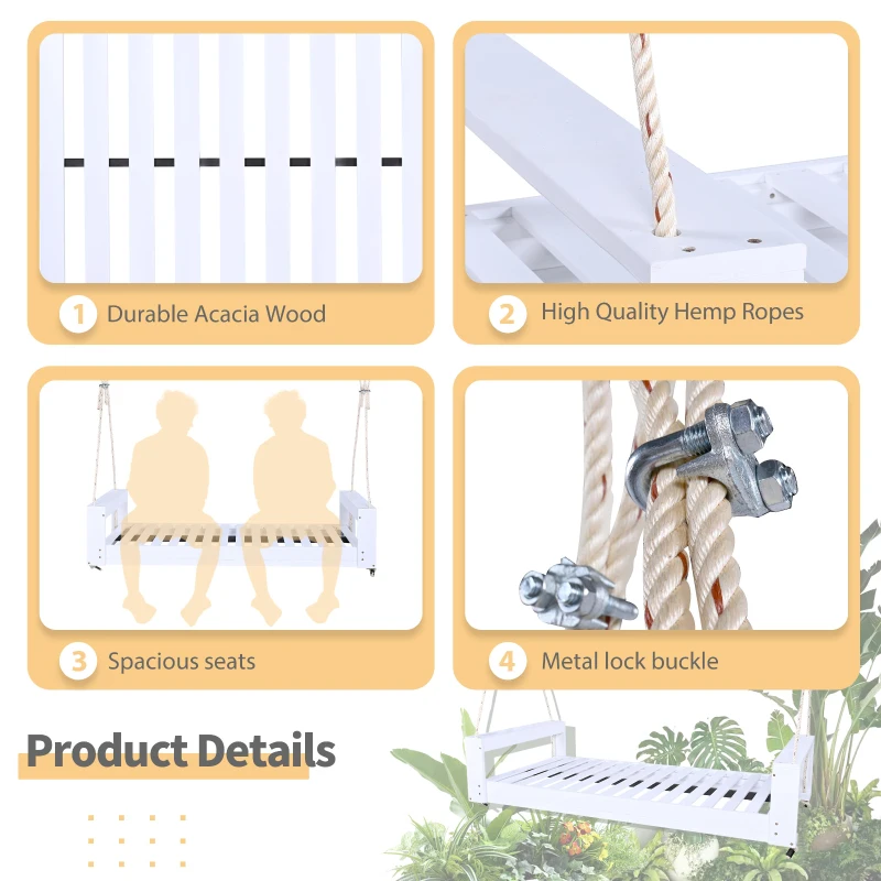 Twin Porch Swing Bed with Acacia Wood Frame & Hemp Ropes, Outdoor Hanging Daybed for Patio & Garden, 86'' L x 41.5'' W x 17.5'' H, White