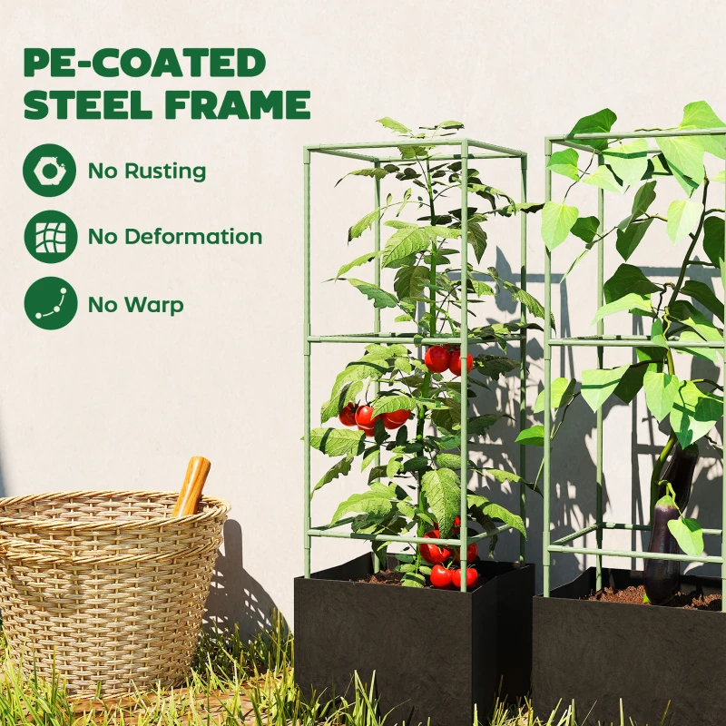 Outsunny 3 Packs Tomato Cages with 13.5 Gallon Grow Bags, Adjustable Square Plant Support Trellis