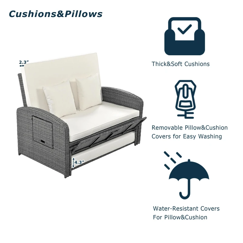 Stylish Double Chaise Lounge with Adjustable Back, 2-Person Rattan Daybed with Thick Cushion, 53.5" L x 43" W x 21.5" H, White