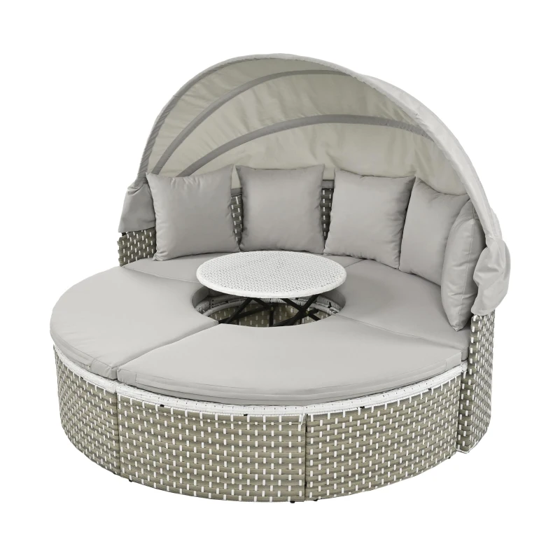 Round Rattan Patio Daybed with Retractable Canopy and Table, Versatile Sunbed with Separate Garden Seating, 66.5" L x 65" W x 53.5" H, Gray