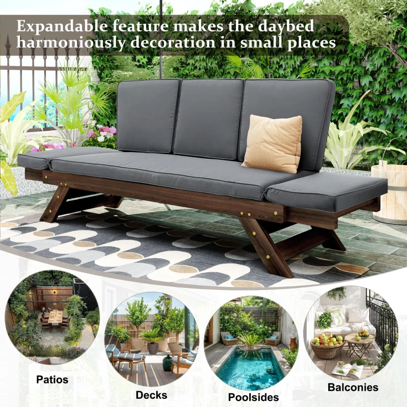 Expandable Acacia Wood Daybed with Cushions, Adjustable Patio Chaise Lounge for Compact Space, 78.5" L x 21.5" W x 32" H, Gray
