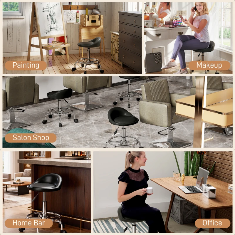 HOMCOM PU Leather Rolling Stool, Height Adjustable Swivel Salon Chair with Backrest and Foot Rest for Spa, Tattoo, Black