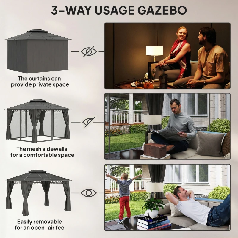 Outsunny 10' x 12' Outdoor Gazebo Canopy, Double Roof Hardtop Gazebo with Polycarbonate Roof, Steel Frame, Nettings and Curtains