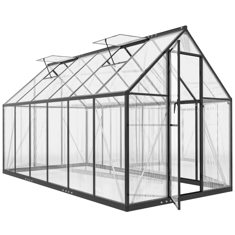 Outsunny Polycarbonate Greenhouse with Swing Door and Two Adjustable Roof Vents, Aluminum Walk-in Greenhouse, 11x6 ft, Black