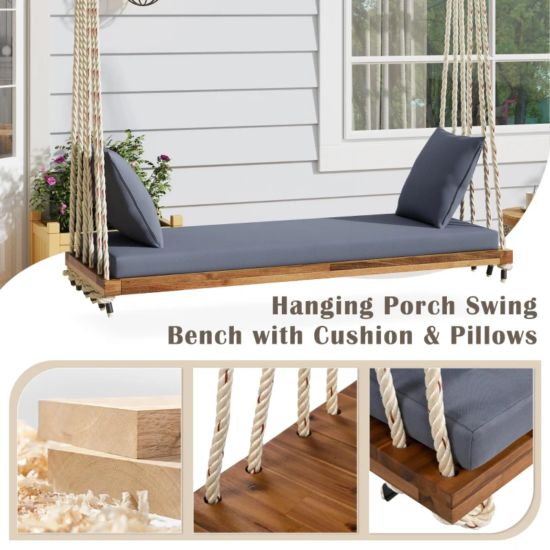 Acacia Wood Porch Swing with 10.8 FT Hemp Ropes, Cushion, 2 Pillows, Hanging Porch Swing Bench for Patio, 63'' L x 23.5'' W x 2'' H, Natural