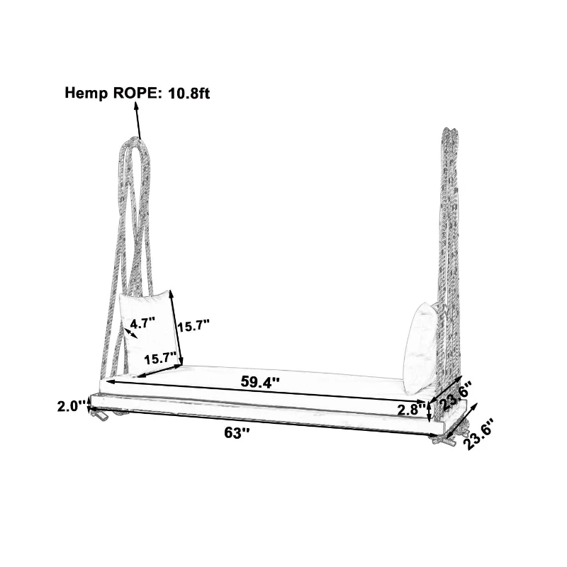 Acacia Wood Porch Swing with Plush Cushion & 2 Throw Pillow, Hanging Swing Bench for Garden & Backyard, 63'' L x 23.5'' W x 2'' H, Black