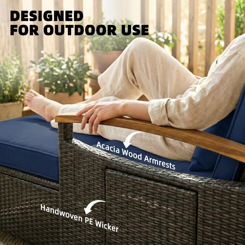 Outsunny Rattan Outdoor Daybed w/4-Level Adjustable Backrest, Patio Sofa Bed w/Storage Ottoman, Acacia Wood Armrest, Navy Blue