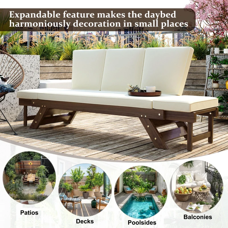 Expandable Acacia Wood Daybed with Cushions, Adjustable Patio Chaise Lounge for Compact Space, 78.5" L x 21.5" W x 32" H, Beige