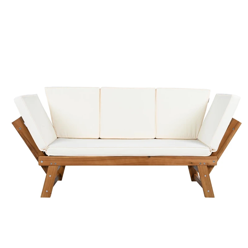 Expandable Acacia Wood Daybed with Cushions, Adjustable Patio Chaise Lounge for Compact Space, 78.5" L x 21.5" W x 32" H, Natural+Beige