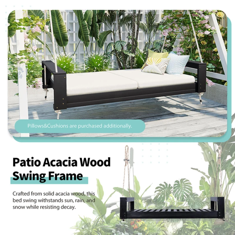 Twin Size Porch Swing Bed for Patio, Garden & Backyard, Acacia Wood Hanging Daybed with Hemp Rope, 86'' L x 41.5'' W x 17.5'' H, Black