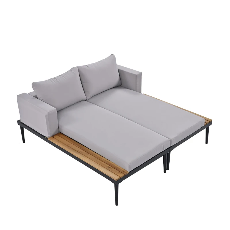 2 In 1 Outdoor Daybed with Wood Side Table for Patio, Convertible Padded Chaise Lounge with Adjustable Leg, 59" L x 55" W x 21" H, Gray