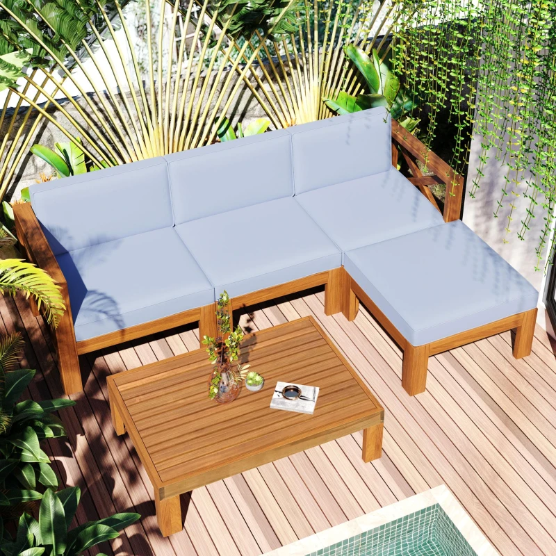 Casual Outdoor Sectional Sofa with Wood Frame & Cushions, Patio Seating Group for Backyard, 25.5" L x 25.5" W x 25.5" H, Natural+Gray