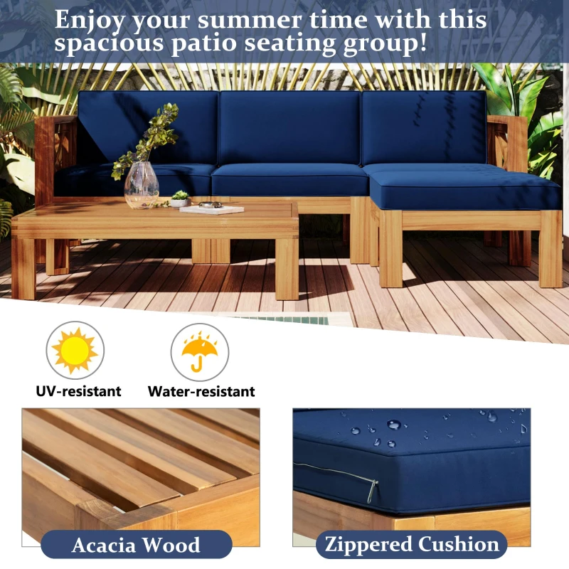 Casual Outdoor Sectional Sofa with Wood Frame & Cushions, Patio Seating Group for Backyard, 25.5" L x 25.5" W x 25.5" H, Natural
