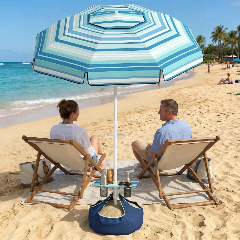 Outsunny 6 ft Portable Beach Umbrella with Foldable Table, Tilting Outdoor Sun Shade with Sand Anchor, Sandbag, Dark Blue