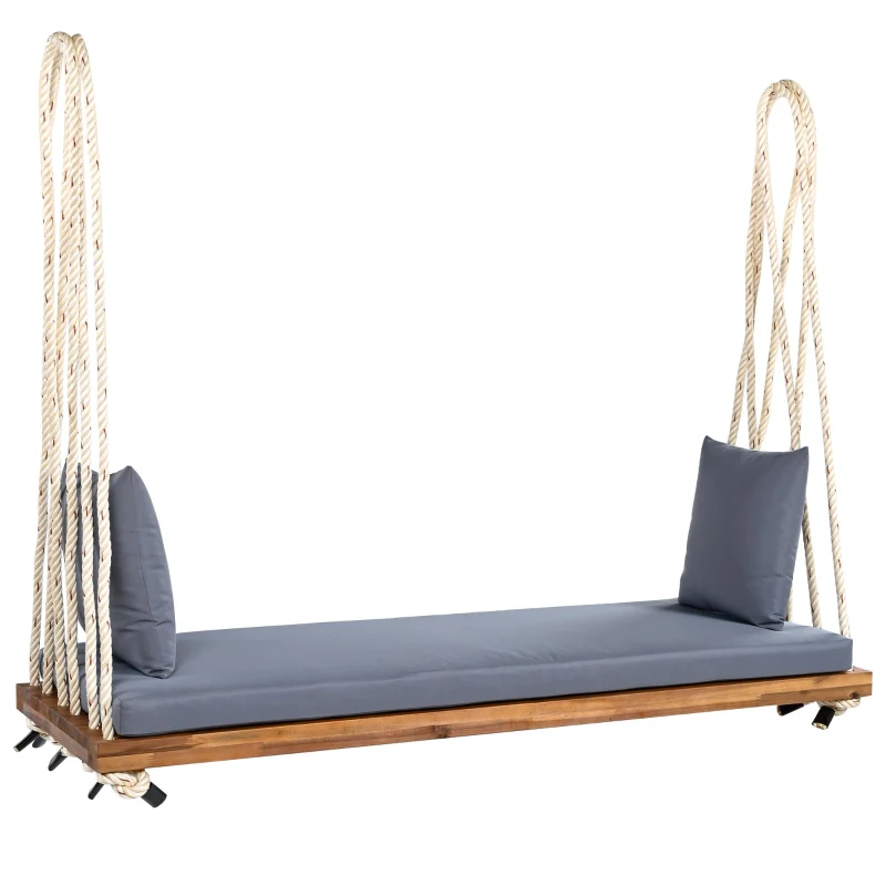 Acacia Wood Porch Swing with 10.8 FT Hemp Ropes, Cushion, 2 Pillows, Hanging Porch Swing Bench for Patio, 63'' L x 23.5'' W x 2'' H, Natural