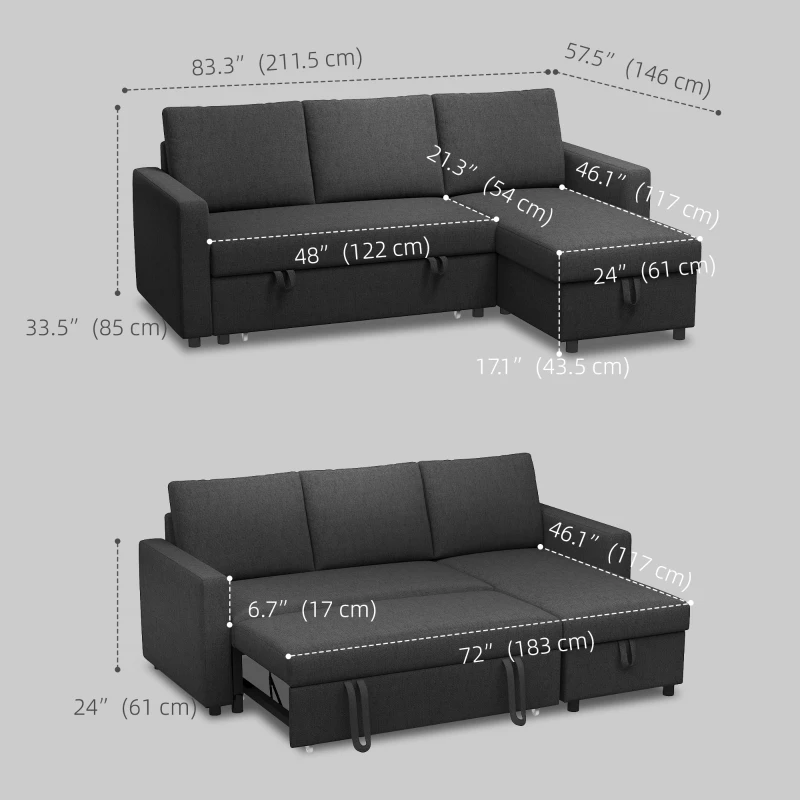 HOMCOM Convertible Corner Sofa Bed, Built-In Storage & 3 Removable Back Cushions, Black