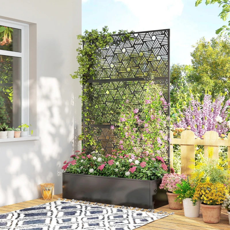 Outsunny Metal Planter Box with Trellis, 70" Tall Raised Garden Bed with Privacy Screen, Hexagon and Line Cut-Out
