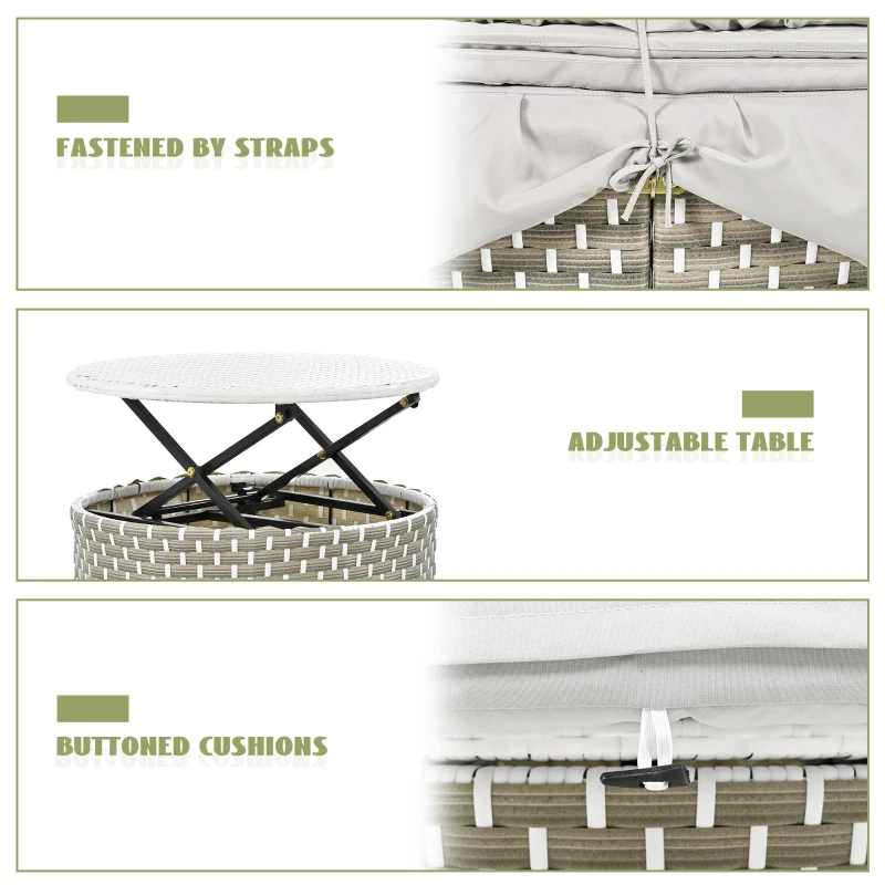 Round Rattan Patio Daybed with Retractable Canopy and Table, Versatile Sunbed with Separate Garden Seating, 66.5" L x 65" W x 53.5" H, Gray