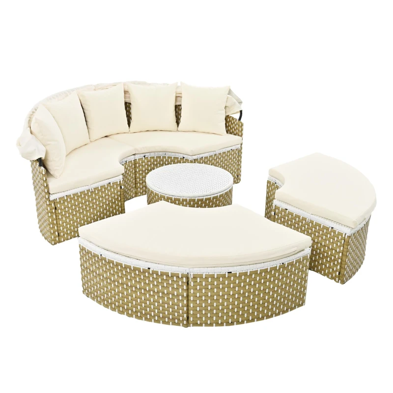 Round Rattan Patio Daybed with Retractable Canopy and Table, Versatile Sunbed with Separate Garden Seating, 66.5" L x 65" W x 53.5" H, Beige