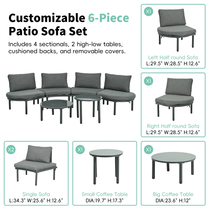 6-Piece Half Moon Sectional Sofa with 2 Coffee Table & Cushions, Modular Wicker Conversation Set for Patio, 34.5'' L x 25.5'' W x 12.5'' H, Gray