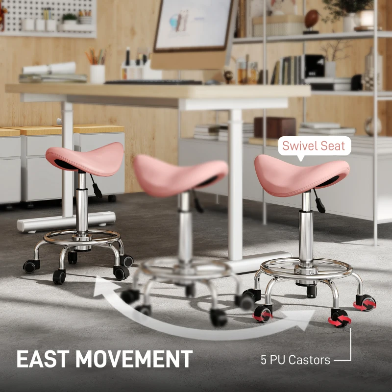 HOMCOM Saddle Stool, PU Leather Adjustable Rolling Salon Chair, Pink