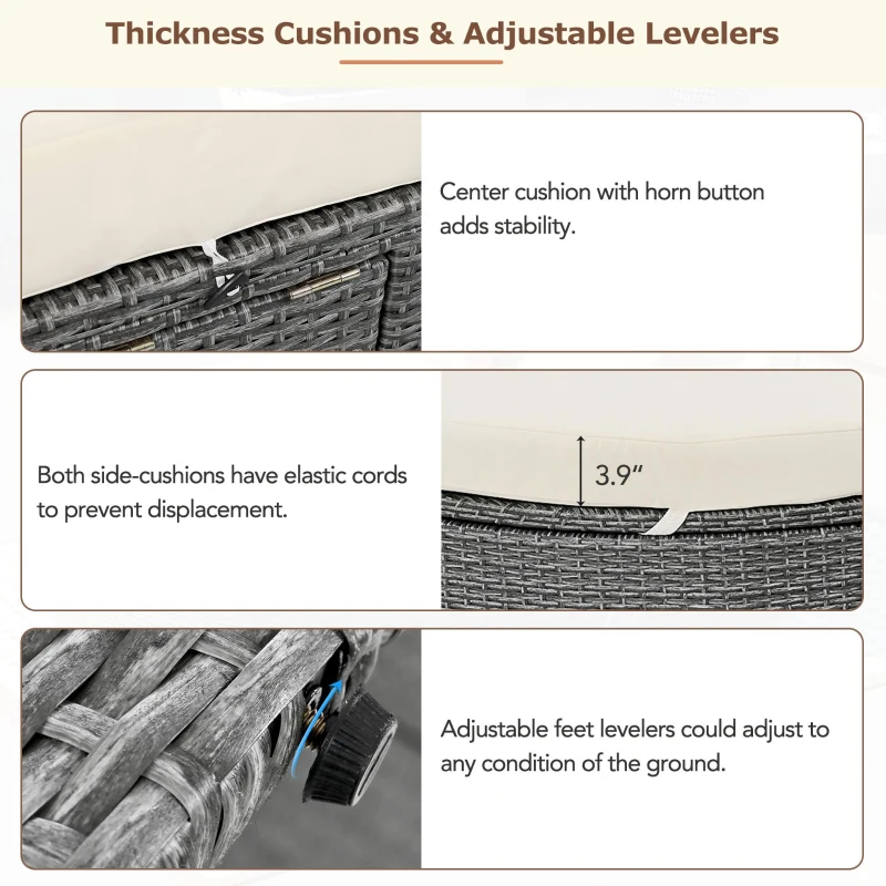 2-Person Patio Daybed with Adjustable Backrest & Cup Tray, Wicker Chaise Lounge with Thick Cushion, 78.5'' L x 55.5'' W x 16.5'' H, Beige