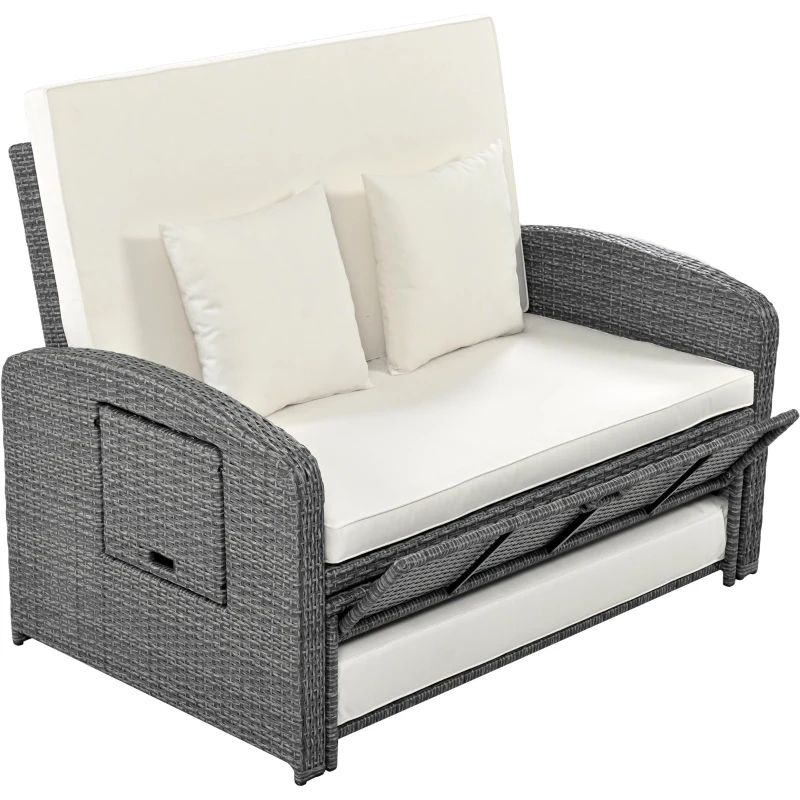 Stylish Double Chaise Lounge with Adjustable Back, 2-Person Rattan Daybed with Thick Cushion, 53.5" L x 43" W x 21.5" H, White