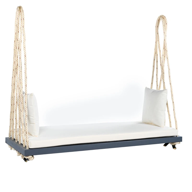 Acacia Wood Porch Swing with Cushion & 2 Pillow for Garden, Hanging Patio Bench with Durable Hemp Rope, 63" L x 23.5" W x 2" H, Gray
