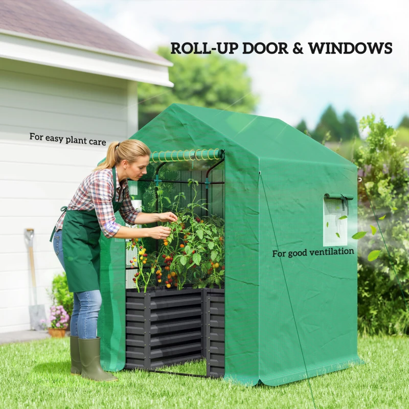 Outsunny Greenhouse with Raised Garden Bed, Galvanized Steel Outdoor Greenhouse with Roll Up Door, 56" x 56" x 75", Dark Gray