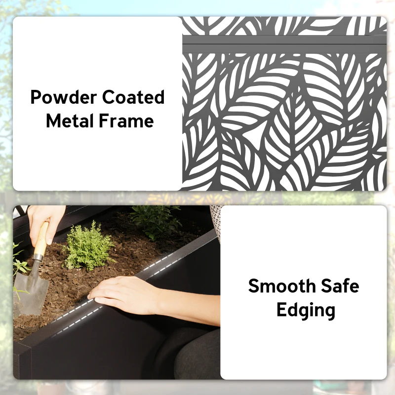 Outsunny Metal Planter Box with Trellis, 70" Raised Garden Bed with Trellis Privacy Screen for Climbing Plants, Leaves Cut-Out