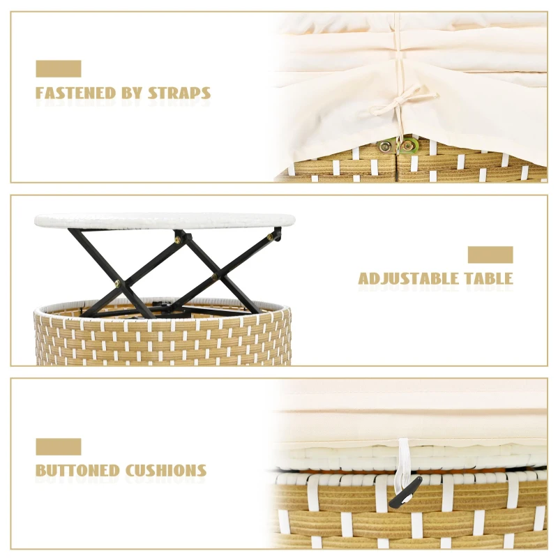 Round Rattan Patio Daybed with Retractable Canopy and Table, Versatile Sunbed with Separate Garden Seating, 66.5" L x 65" W x 53.5" H, Beige