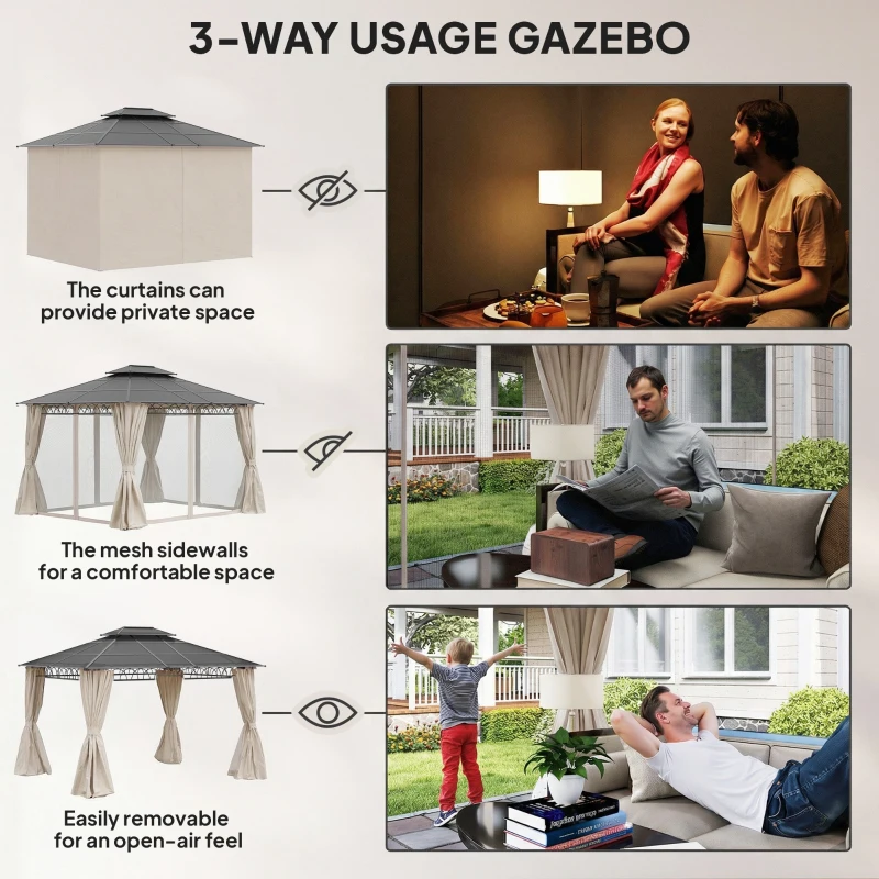Outsunny 10' x 12' Outdoor Gazebo Canopy, Double Roof Hardtop Gazebo with Polycarbonate Roof, Steel Frame, Nettings and Curtains