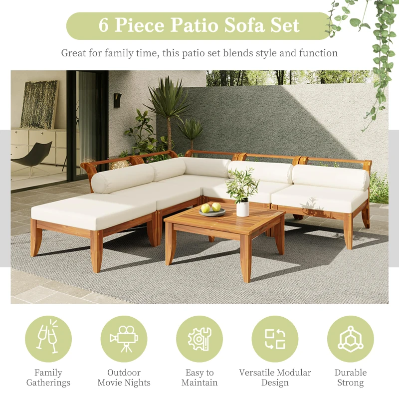 6 Piece Patio Sofa Set with Tea Table & Ottoman for Garden, Modular Sectional with 5 Thick Cushion, 30" L x 27.5" W x 16" H, Teak+Beige