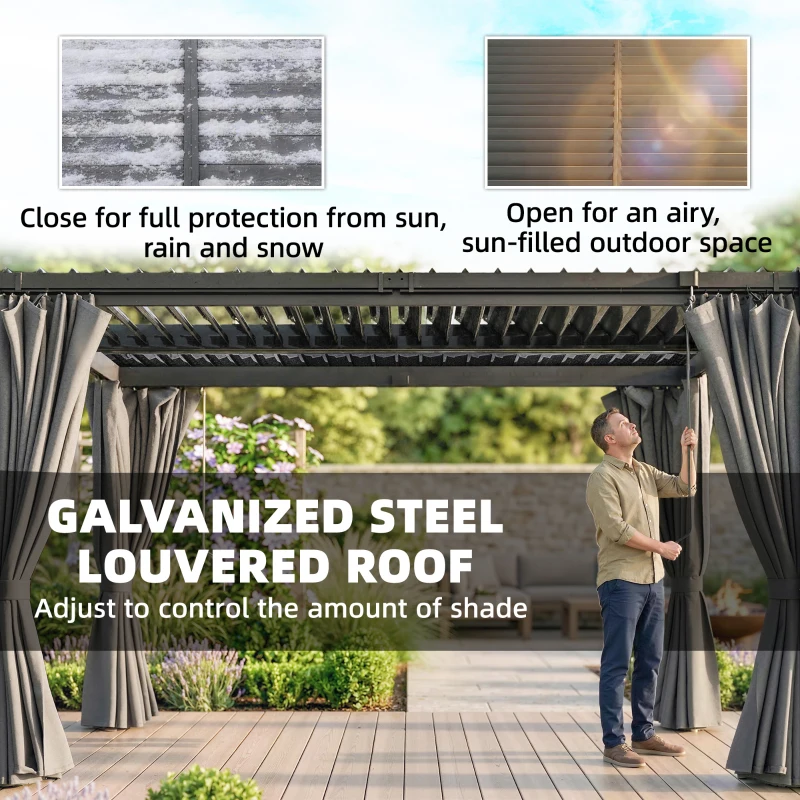 Outsunny 10 x 13 ft Louvered Pergola with Steel Roof, Curtains, Outdoor Metal Pergola Gazebo with Drainage Gutters, Grey