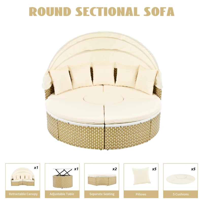 Round Rattan Patio Daybed with Retractable Canopy and Table, Versatile Sunbed with Separate Garden Seating, 66.5" L x 65" W x 53.5" H, Beige