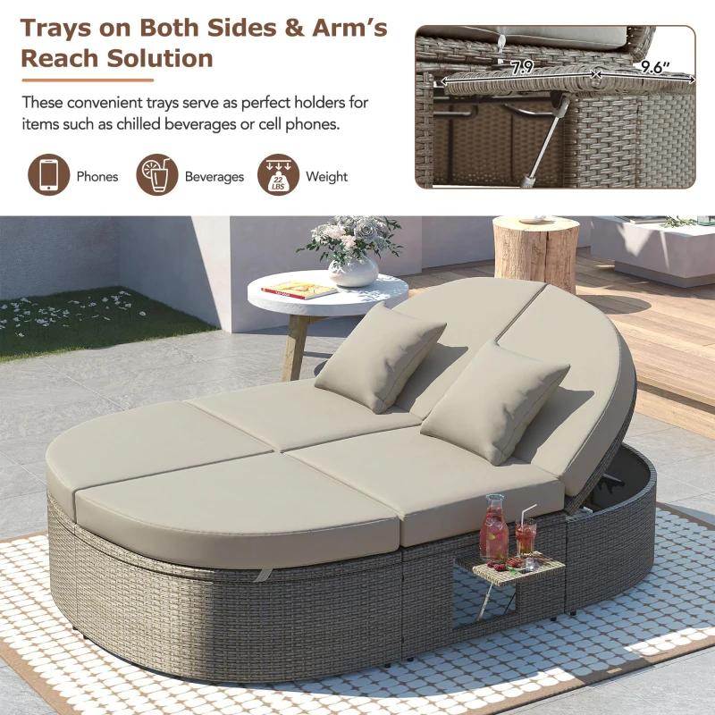 All-Weather Rattan Daybed with Adjustable Backrest, Stylish Chaise Lounge with Thick Cushion for Poolside, 78.5" L x 55.5" W x 16.5" H, Gray