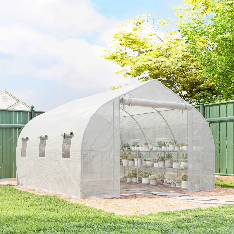 Outsunny 10'x11'x6' Walk-in Tunnel Greenhouse with Shelves, Mesh Door and Windows, Plant Hot House with PE Cover, White