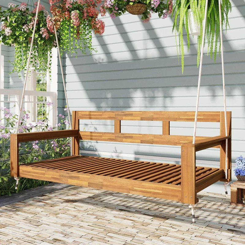 Twin Size Porch Swing Daybed with Acacia Wood Frame, Farmhouse Hanging Daybed for Patio & Garden, 82'' L x 40.5'' W x 27.5'' H, Natural