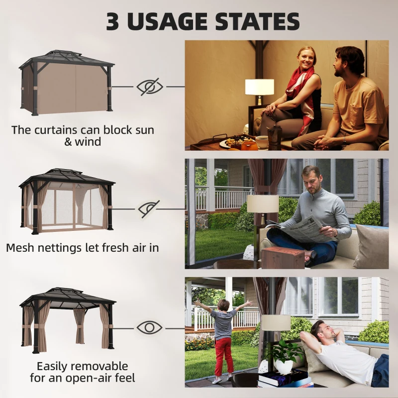 Outsunny 10' x 12' Hardtop Gazebo Canopy with Double PC Roof, Steel Permanent Outdoor Gazebo with Curtains and Netting, Khaki