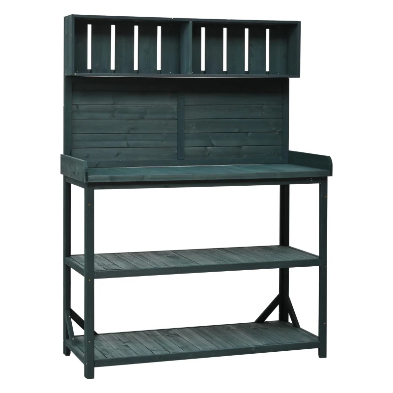 Outdoor Potting Bench with 4 Shelf & Side Hook for Patio, Farmhouse Garden Workstation with Large Tabletop, 47'' L x 19.5'' W x 65'' H, Green